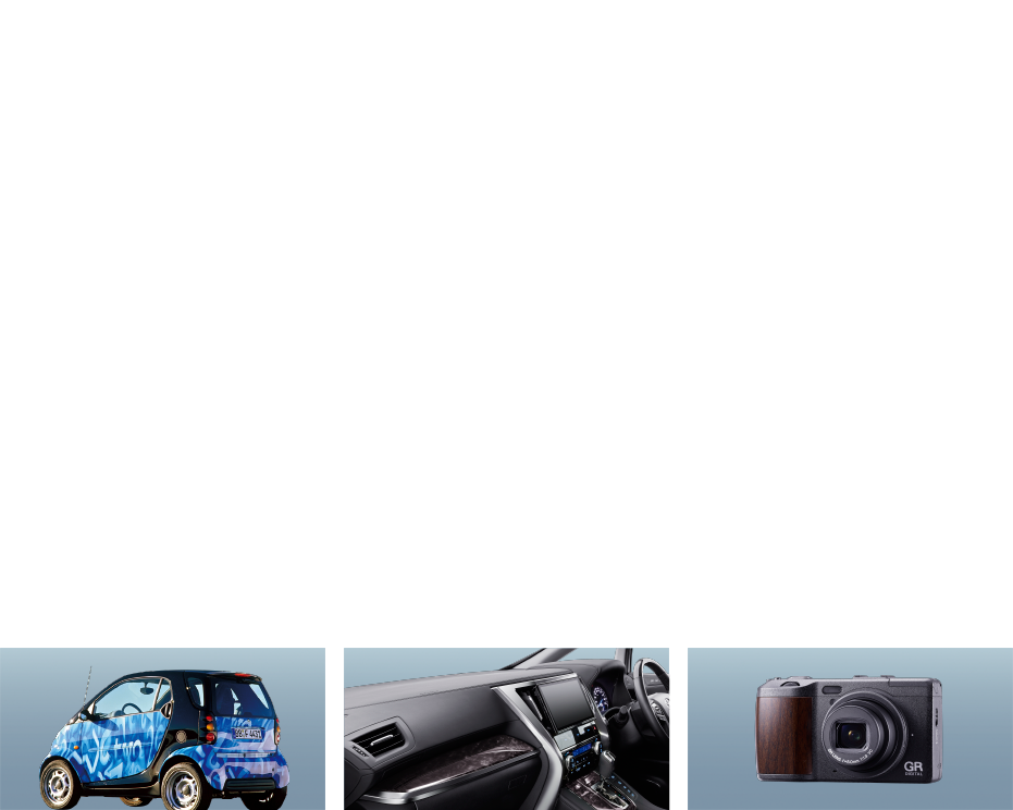 次世代の技術でときめきをデザインする CUBIC PRINTING ® 曲面印刷事業 3次元形状にも対応する加飾技術「CUBIC PRINTING（キュービックプリンティング）」、「E-CUBIC（イーキュービック）」、「S-CUBIC(エスキュービック）」、「H-CUBIC(エイチキュービック）」を世界に向けて展開。自動車を中心に、家電、携帯電話、インテリアなど幅広い分野で採用されています。